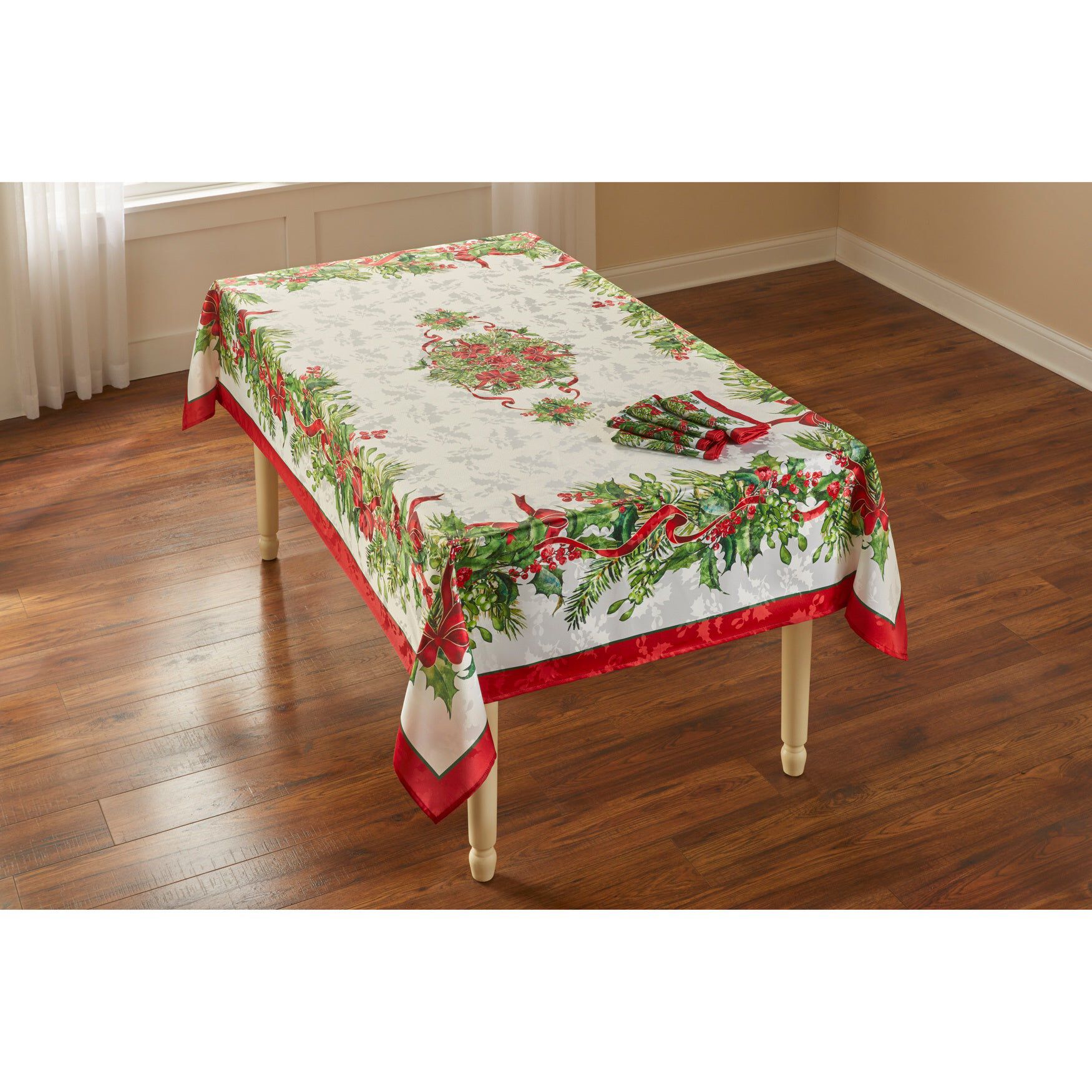 Holly Ribbon Tablecloth 60 inches x 104 inches, MULTI, hi-res image number 0