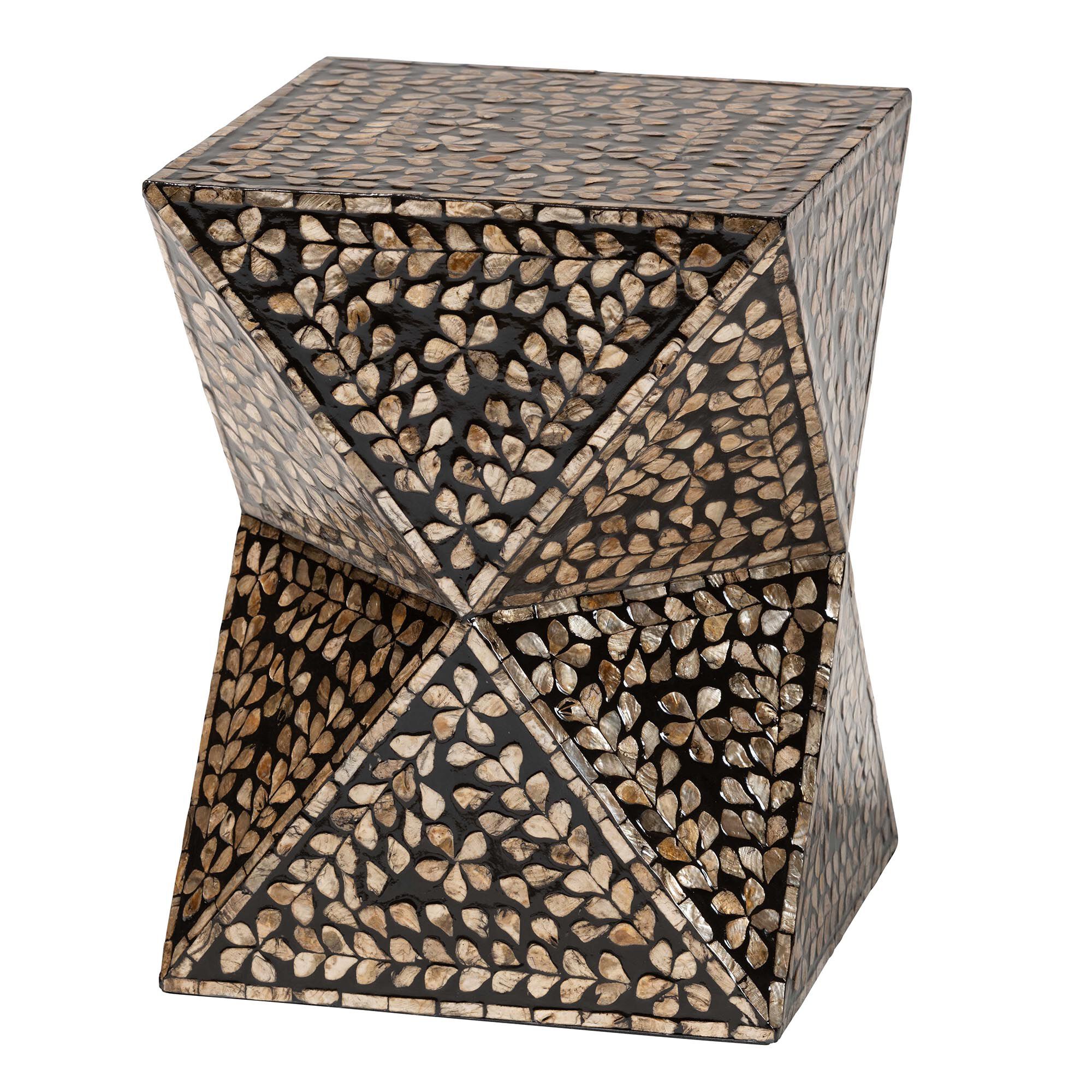 Modern bohemian end table with black and bronze mother of pearl inlay, shown from a three-quarter angle.