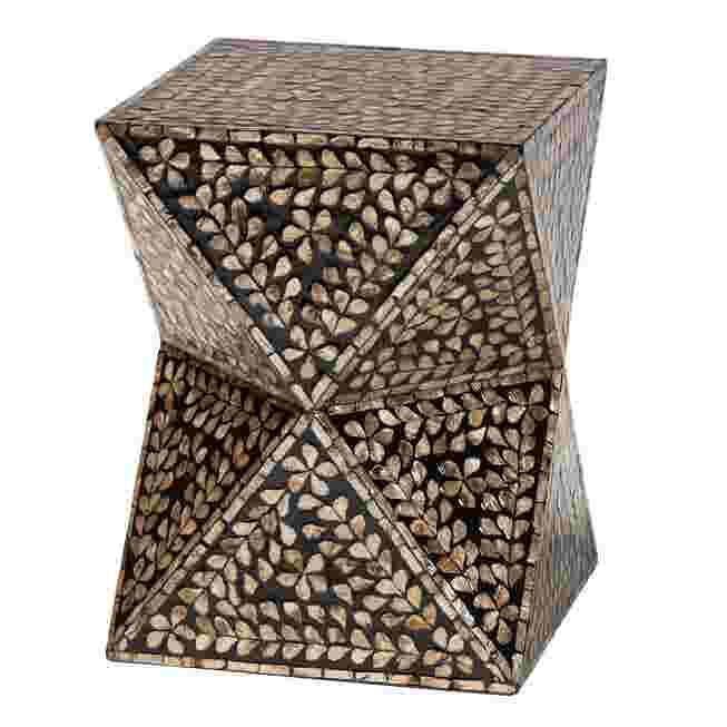 Modern bohemian end table with black and bronze mother of pearl inlay, shown from a three-quarter angle.