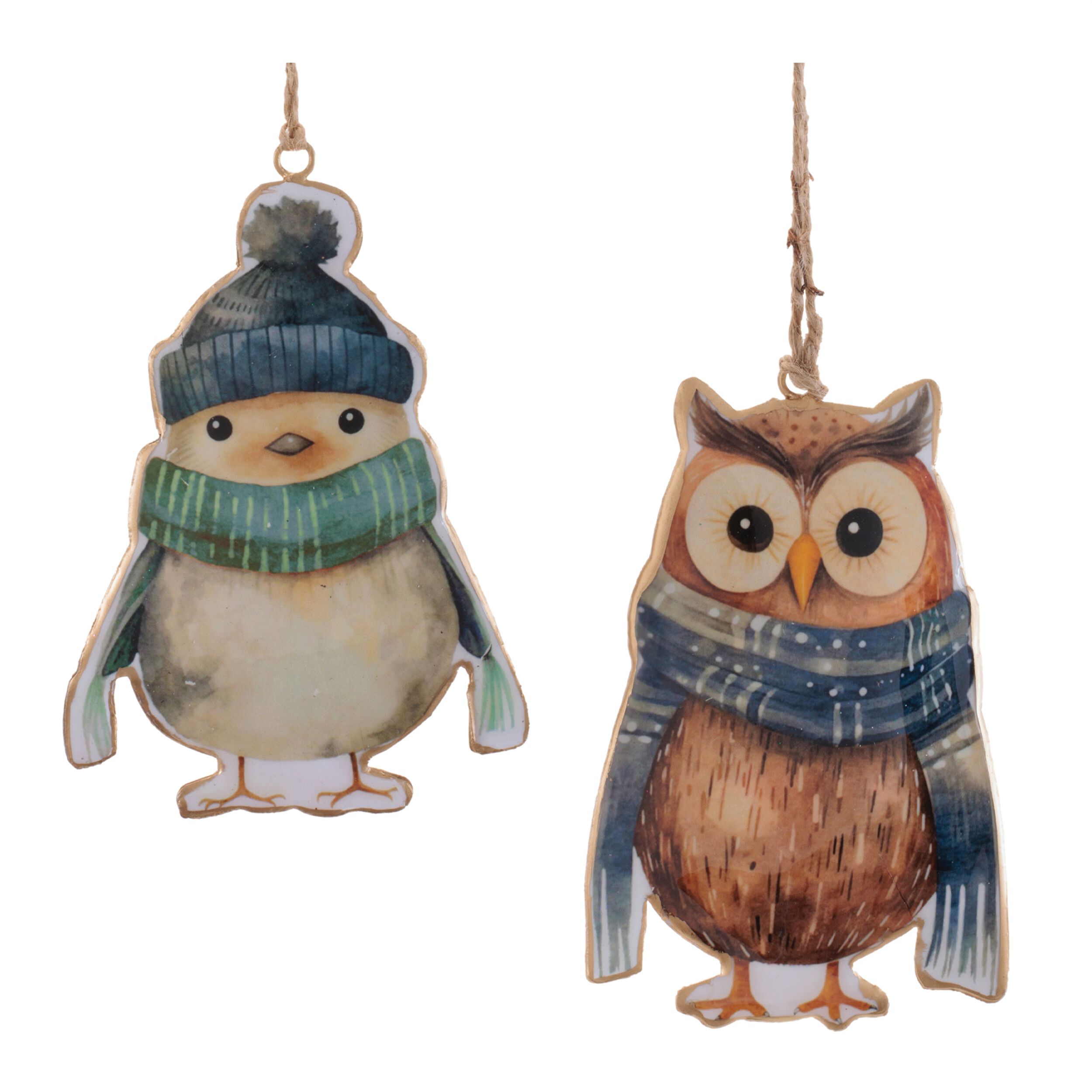 Iron Winter Owl and Bird Ornament  (Set of 6), BROWN BLUE ORANGE, hi-res image number 0