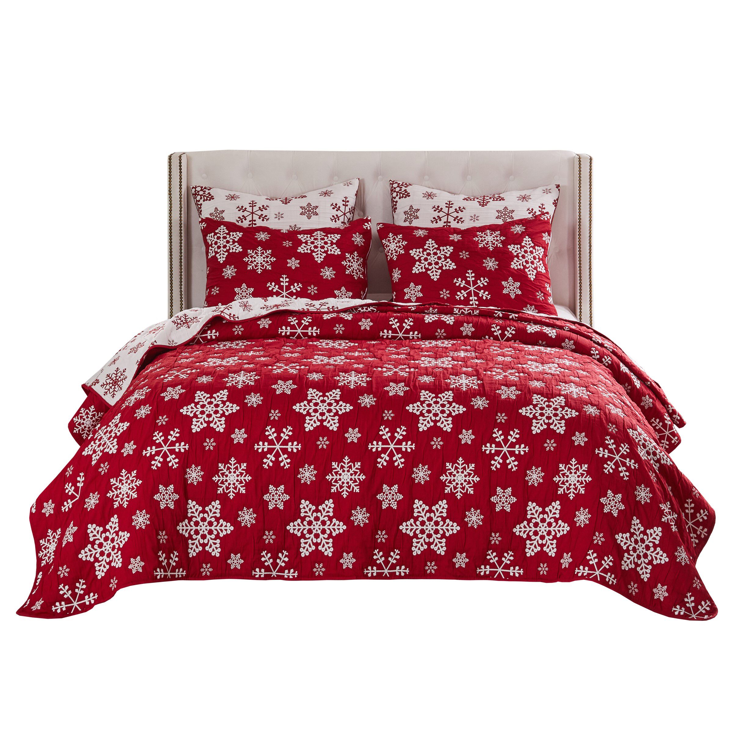Snowflakes Holiday Matelassé Coverlet Set, Red, 3-Piece King, RED, alternate image number 4