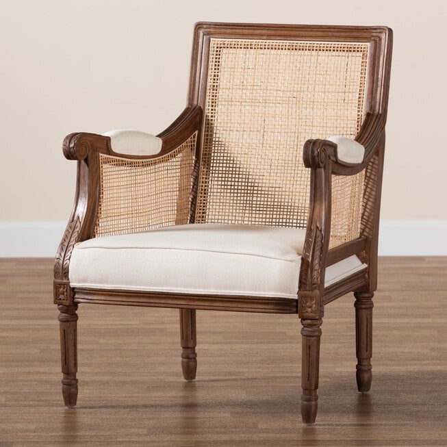 Desmond Traditional French Beige Fabric And Dark Brown Finished Wood Accent Chair, , alternate image number null