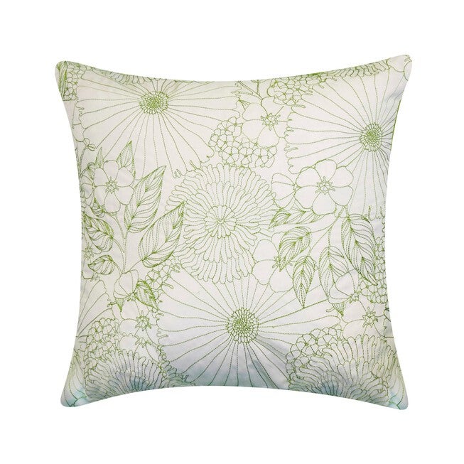 Fine Line Embroidered Floral 18x18 Indoor Outdoor Decorative Pillow, GREEN, hi-res image number 0