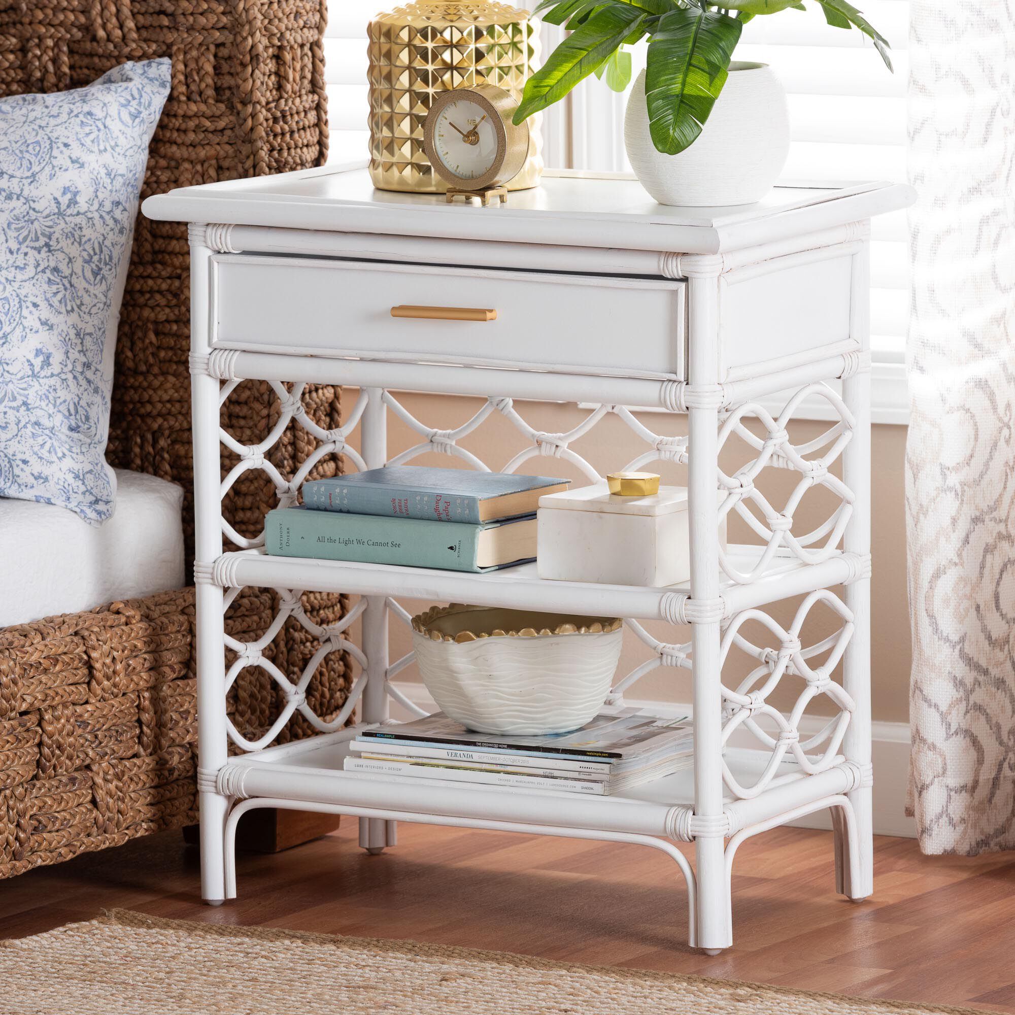 Akane Natural Rattan Nightstand, White, WHITE, hi-res image number 0