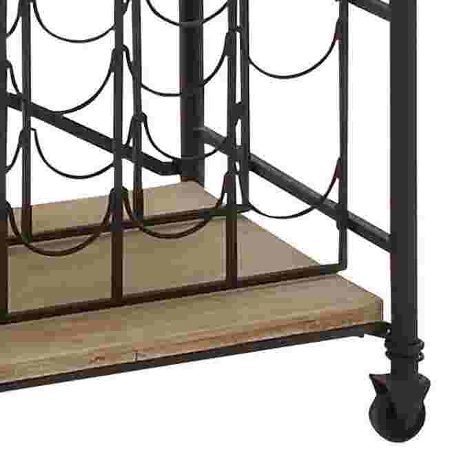 Close-up of the bottom shelf and wheel of the wine storage cart