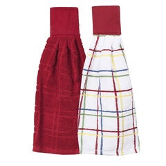 Solid And Multi Check Kitchen Tie Towel, Set Of Two
