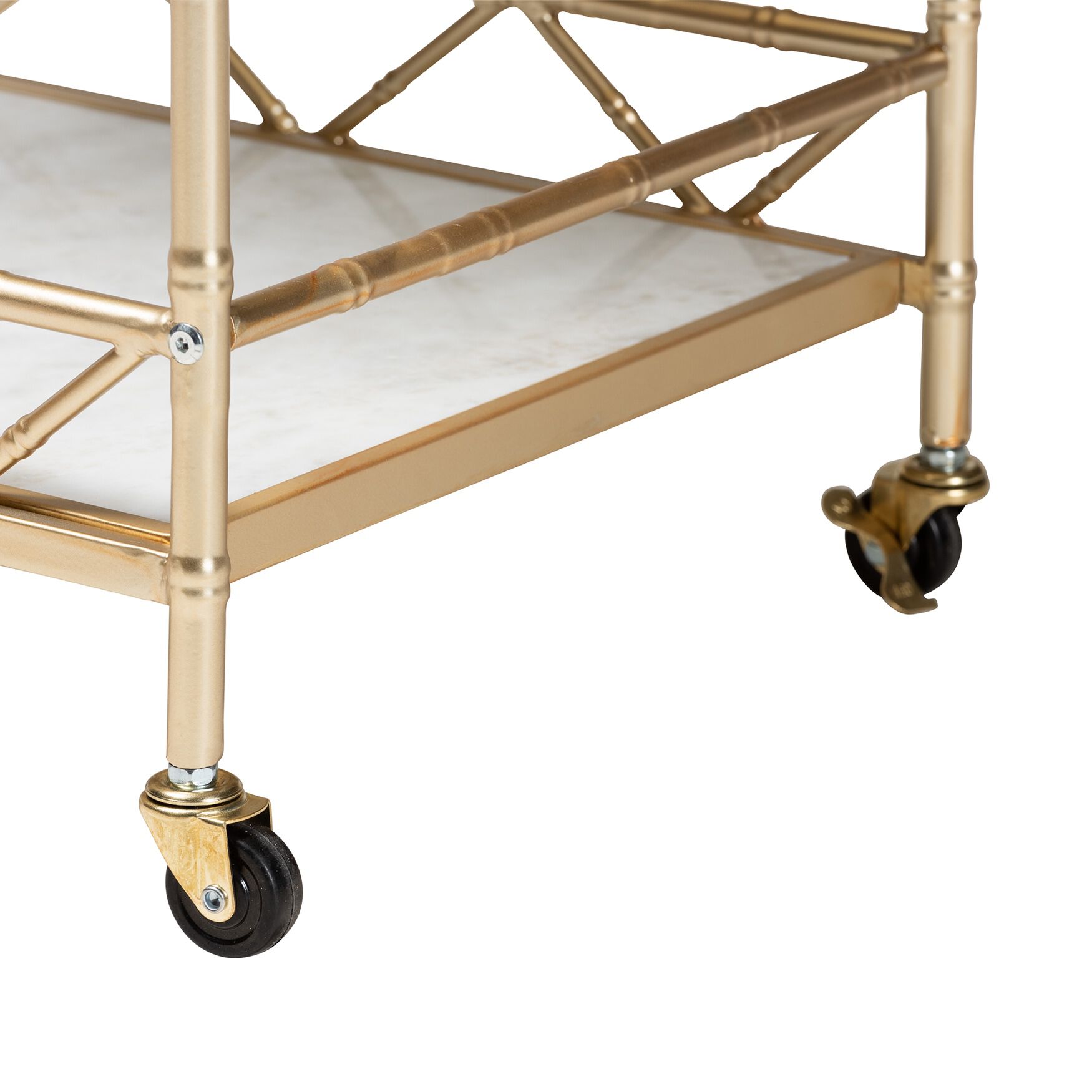 Mela Contemporary Glam And Luxe Gold Metal And White Marble 2-Tier Wine Cart, , alternate image number 4