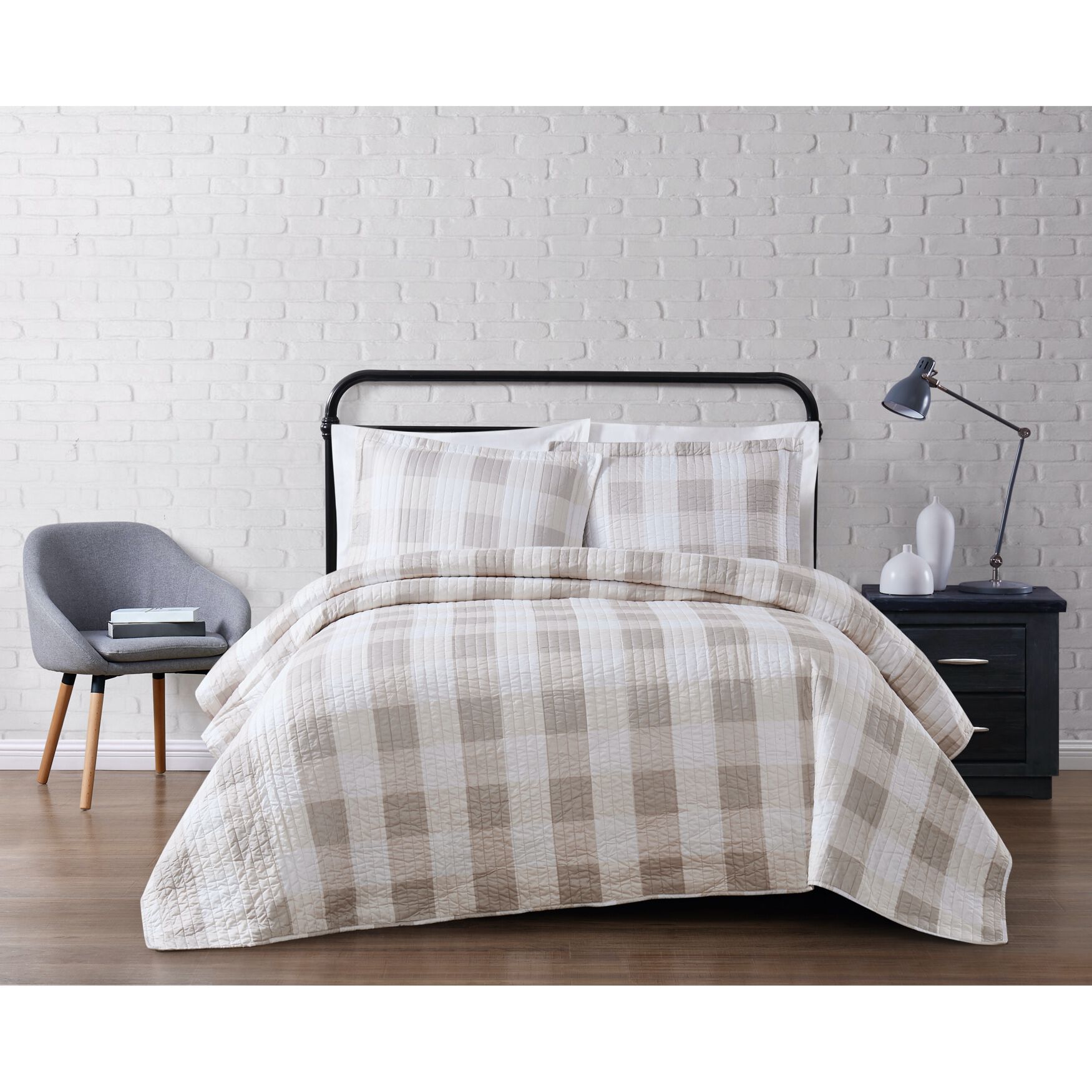 Everyday Buffalo Plaid Quilt Set, KHAKI WHITE, hi-res image number 0