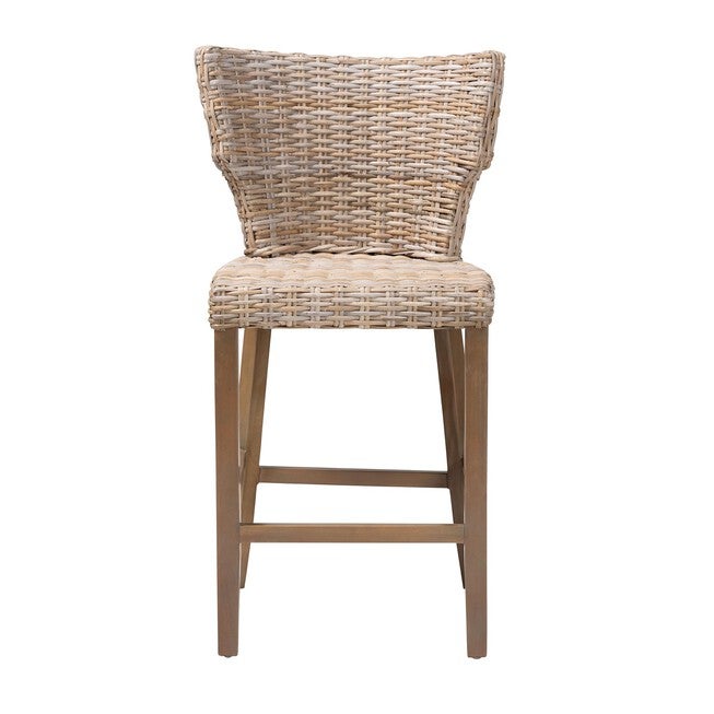Enver Modern Bohemian Grey Kubu Rattan And Mahogany Wood Counter Stool, , on-hover image number null