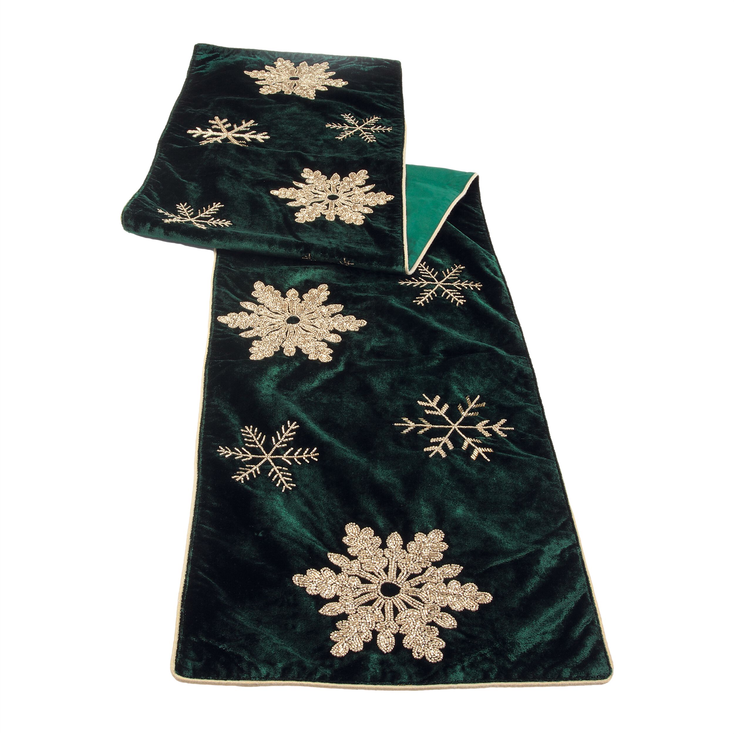 Embroidered Snowflake Table Runner 72 inchesL, GREEN GOLD, hi-res image number 0