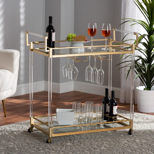Savannah Contemporary Glam and Luxe Gold Metal and Glass Wine Cart, GOLD, hi-res image number null