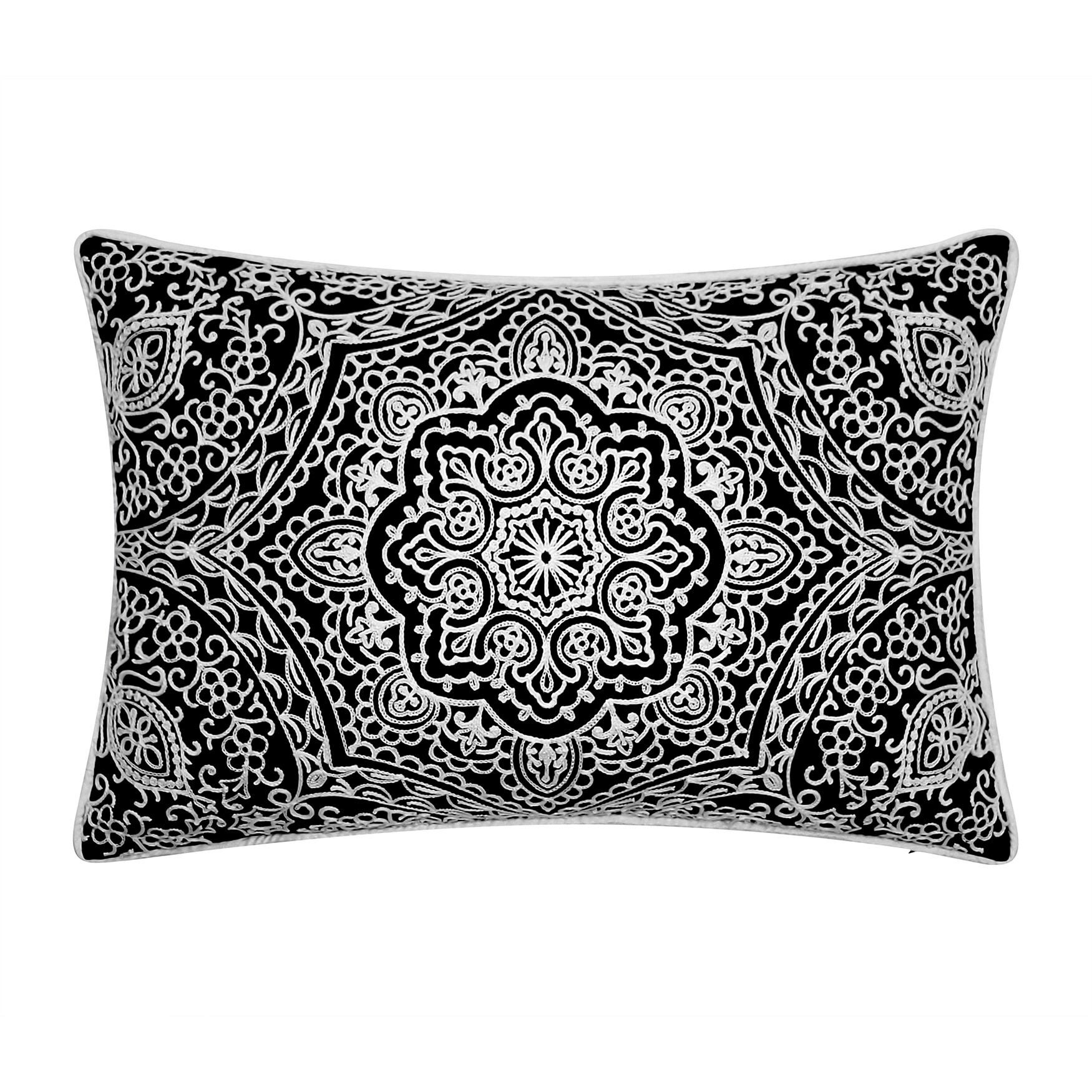 Indoor/Outdoor Arabasque Embroidered Decorative Throw Pillow 12X18, Black, BLACK, hi-res image number 0