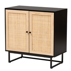 Declan Mid-Century Modern Espresso Brown Finished Wood And Natural Rattan 2-Door Storage Cabinet