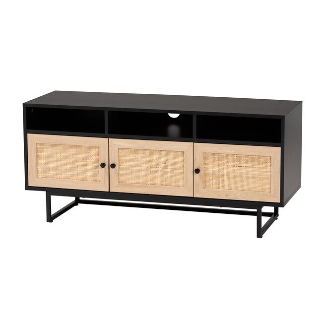 Declan Mid-Century Modern Espresso Brown Finished Wood And Natural Rattan 3-Door Tv Stand, ESPRESSO BROWN BLACK, hi-res image number null