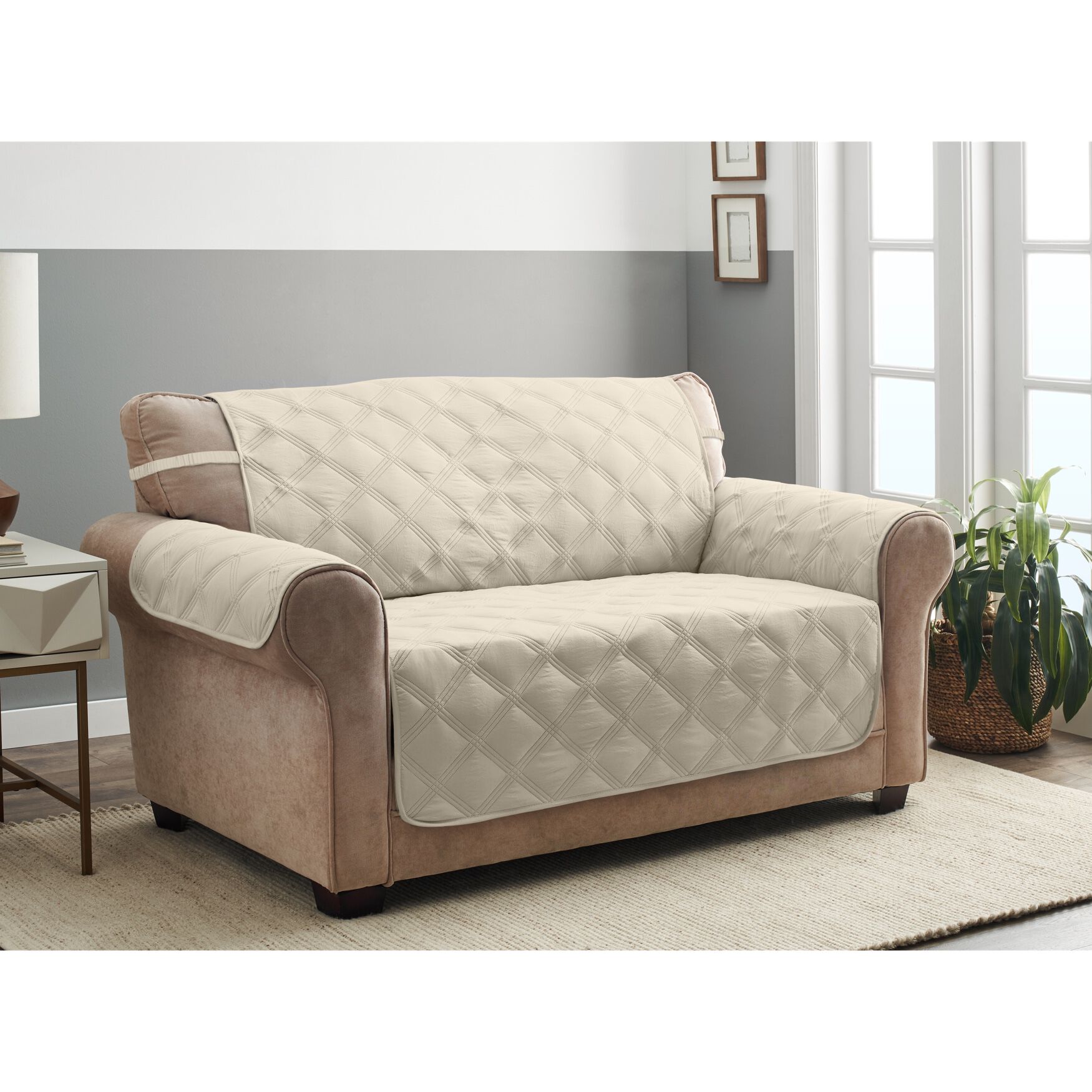 Hampton Diamond Secure Fit Sofa Furniture Cover, SAND, hi-res image number 0