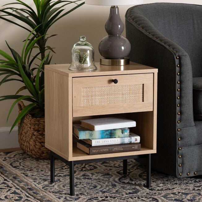 Sherwin Mid-Century Modern Light Brown And Black 1-Drawer End Table With Woven Rattan Accent, , alternate image number 7