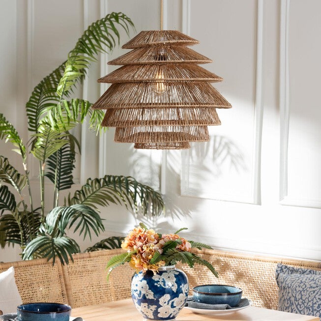 Kaede Handwoven Jute Pendant Lampshade - Coastal Boho Ceiling Light Cover with Tiered Design, BROWN, hi-res image number 0