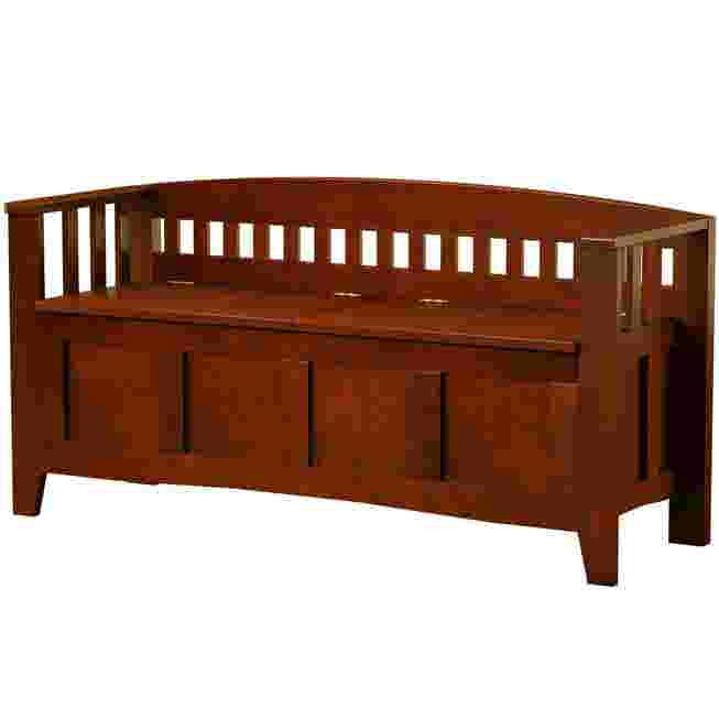 Wooden storage bench with slatted back and front panel