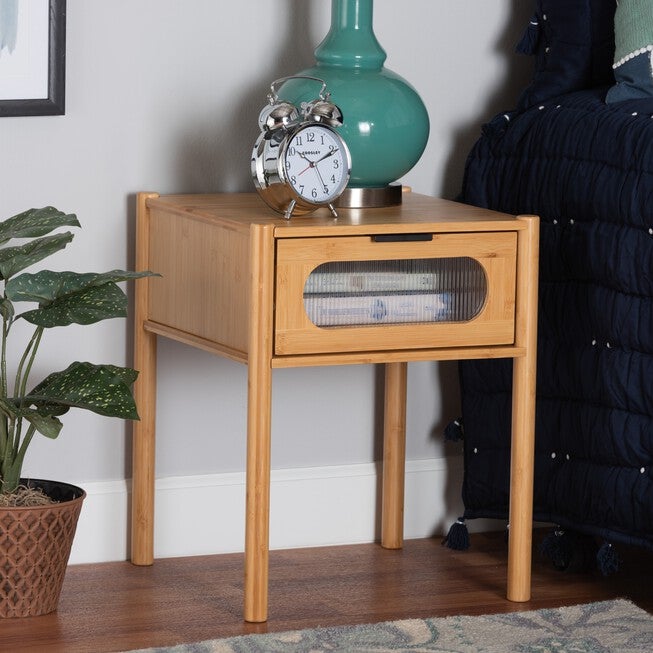Naresh Mid-Century Modern Transitional Natural Brown Bamboo Wood 1-Drawer End Table, , alternate image number 7