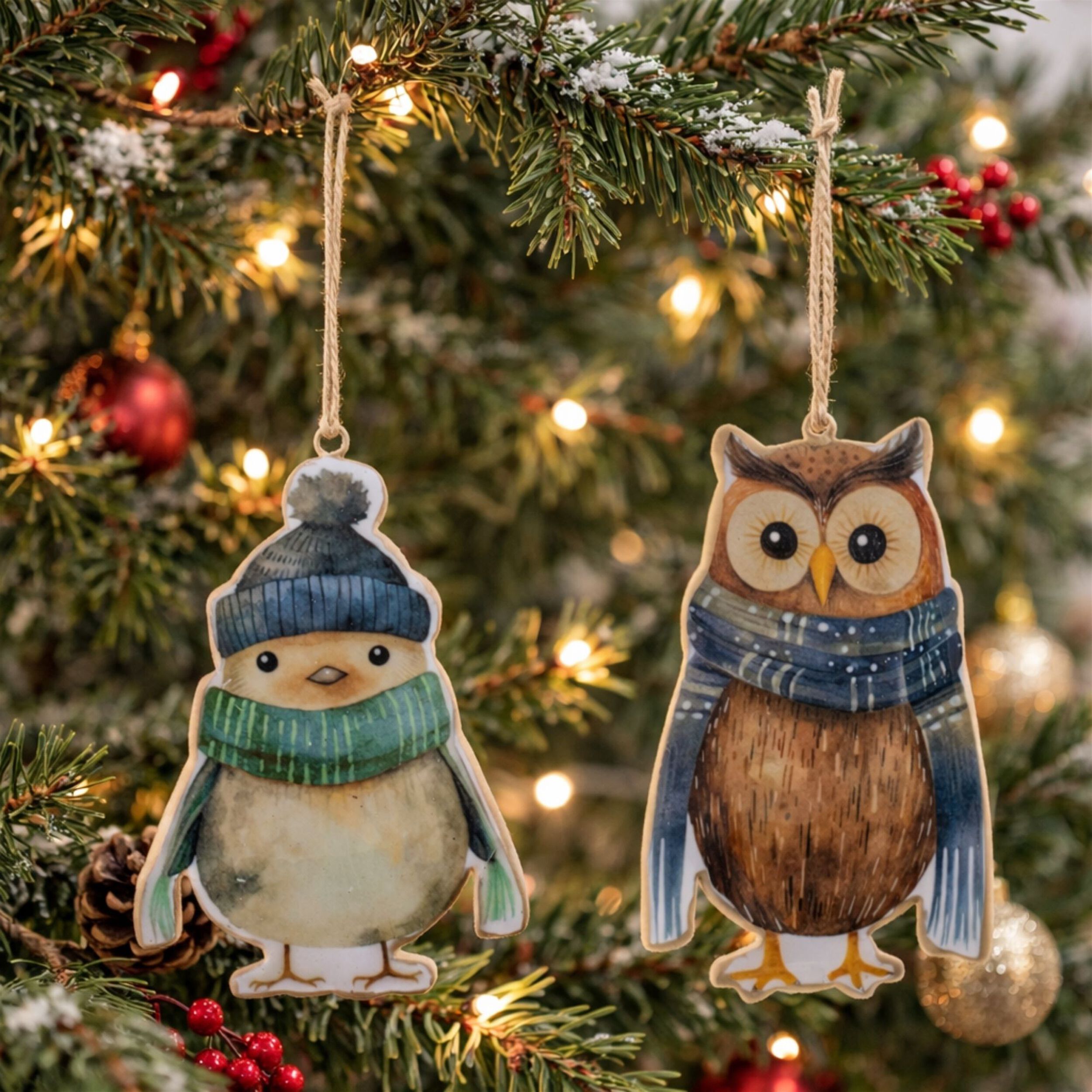 Iron Winter Owl and Bird Ornament  (Set of 6), BROWN BLUE ORANGE, alternate image number 1