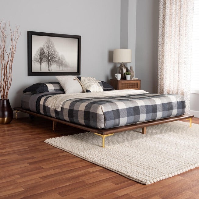 Channary Mid-Century Modern Transitional Walnut Brown Finished Wood And Gold Metal King Size Bed Frame, , alternate image number null