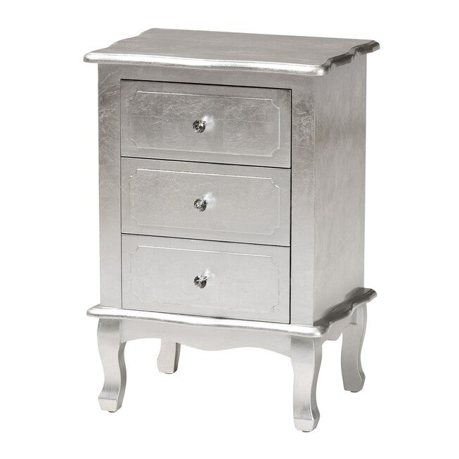 Newton Classic And Traditional Gold Finished Wood 3-Drawer Nightstand, SILVER, hi-res image number 0