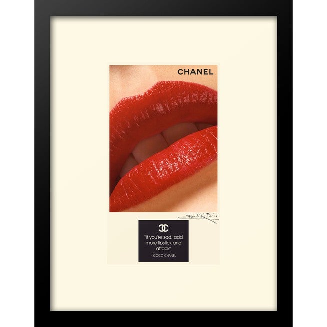 Chanel lips Quote "If you're sad, add more lipstick..." Red 14 inches x 18 inches Framed Print, BLACK WHITE, hi-res image number 0