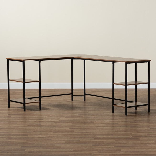 Lydia Modern Walnut Brown Finished Wood And Black Metal L-Shaped Corner Desk With Shelves, , alternate image number null