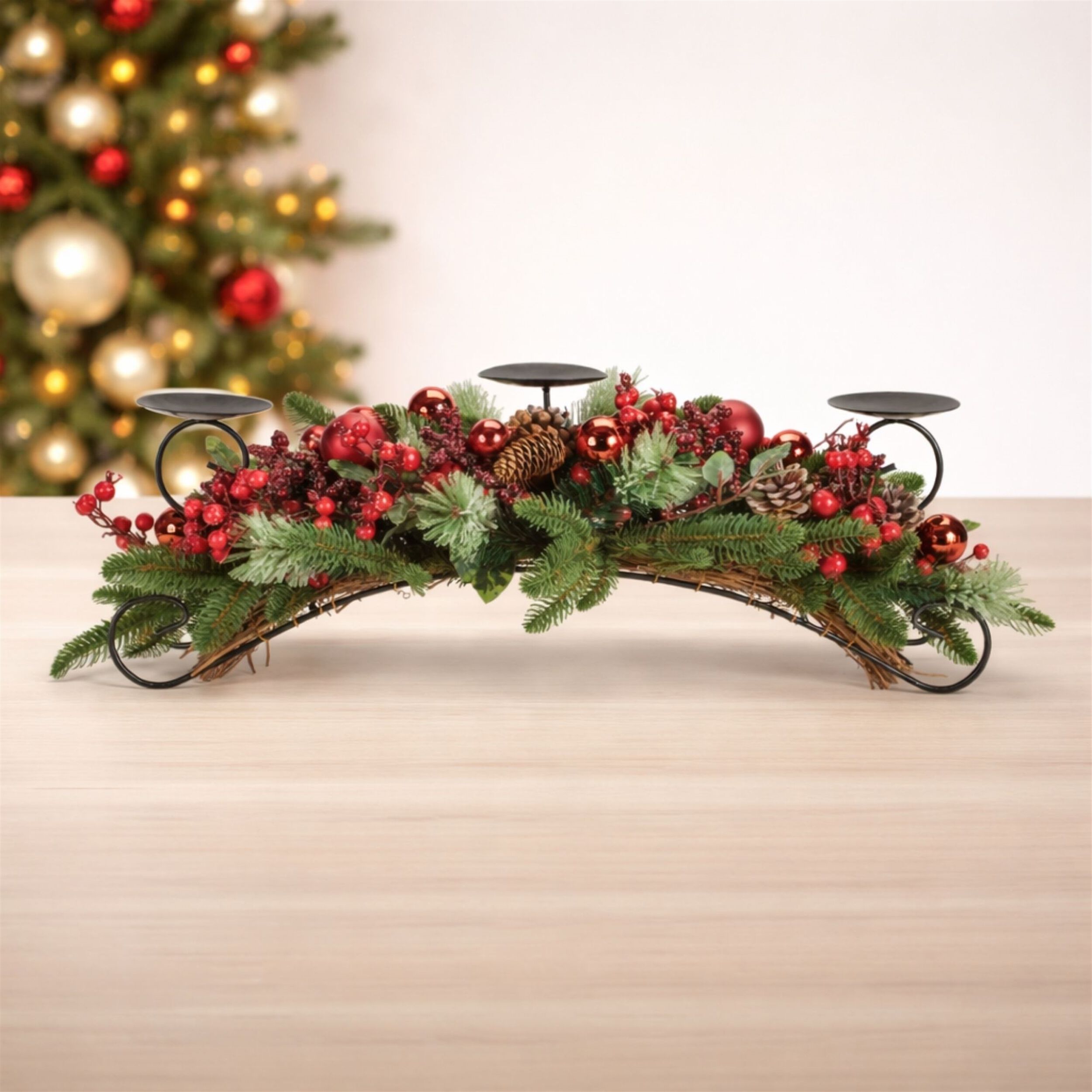 Decorated Pine and Berry Centerpiece Candle Holder 29 inchesL, RED BROWN GREEN, alternate image number 2