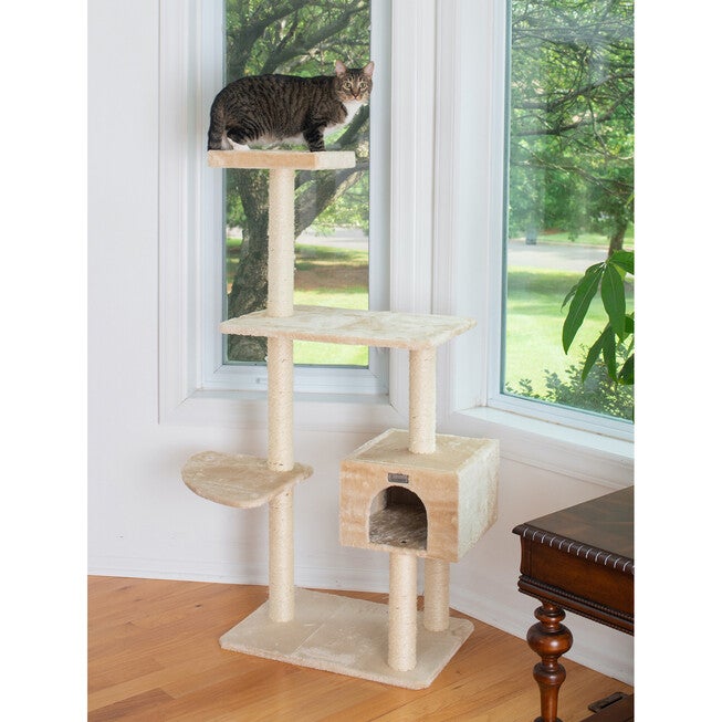 Gleepet 57 inches Beige Real Wood Cat Tree With Playhouse And Perch, , on-hover image number 1