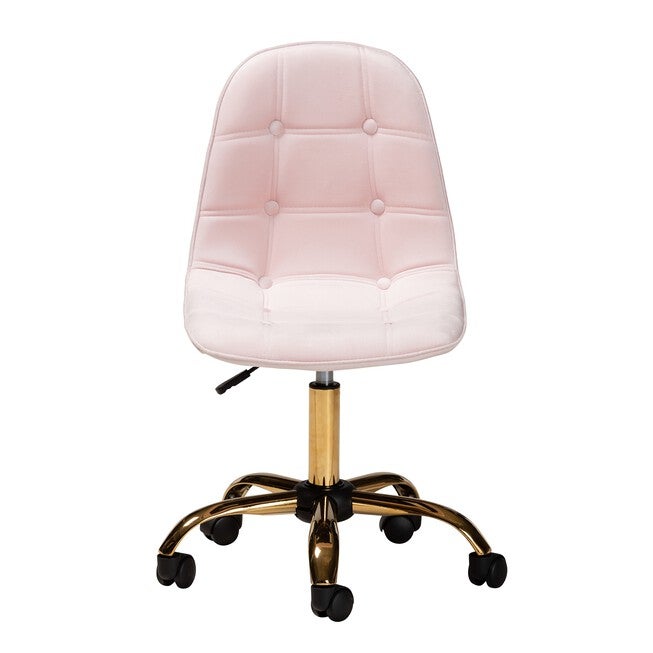 Kabira Contemporary Glam And Luxe Blush Pink Velvet Fabric And Gold Metal Swivel Office Chair, , alternate image number 7