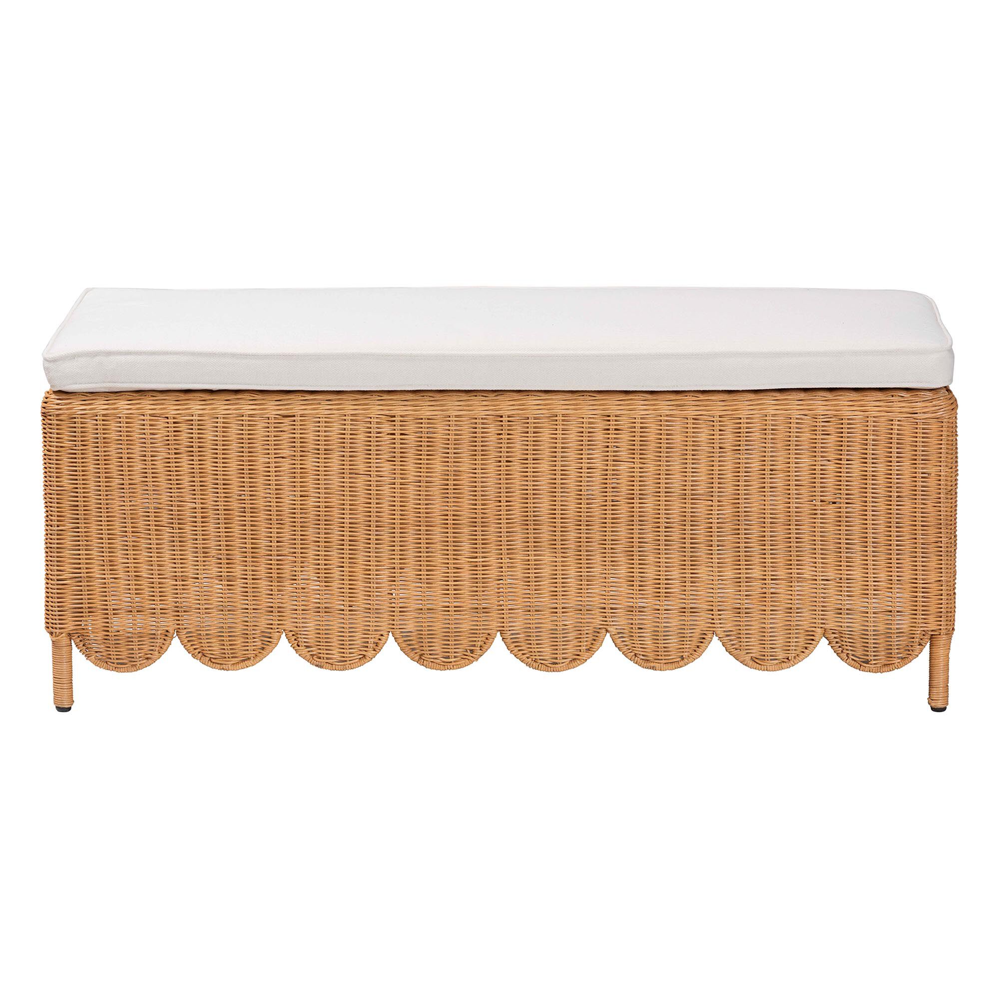 bali & pari Teresa Bohemian Light Honey Scalloped Rattan Ottoman Bench, LIGHT HONEY, alternate image number 2