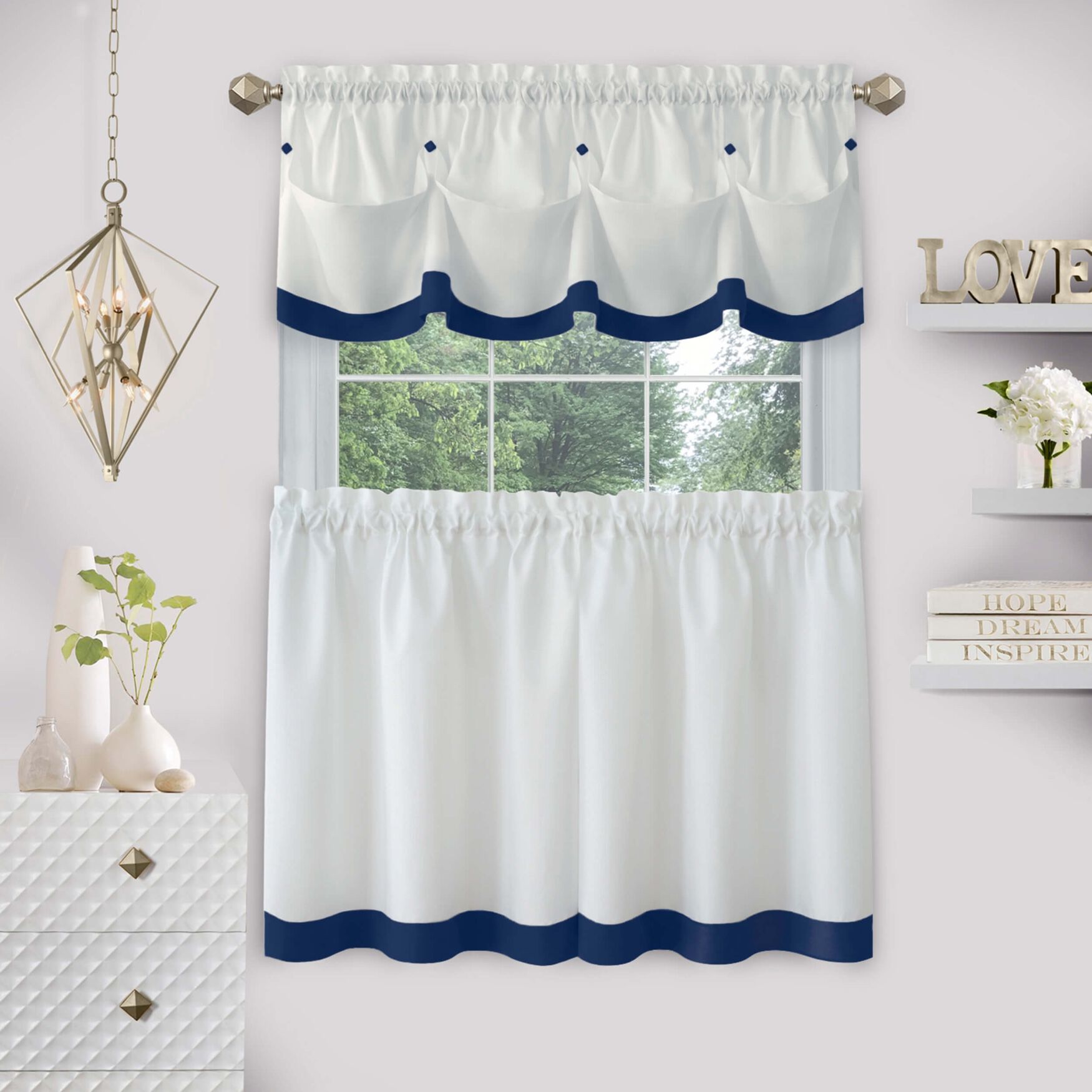 Lana Window Curtain Tier Pair And Valance Set, NAVY, hi-res image number 0