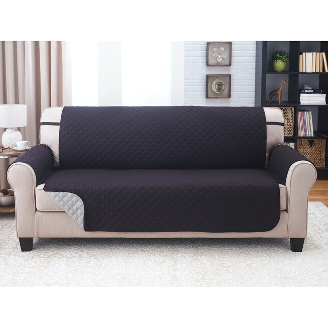 Solid Reversible Quilted Sofa Furniture Protector, BLACK GREY, hi-res image number 0