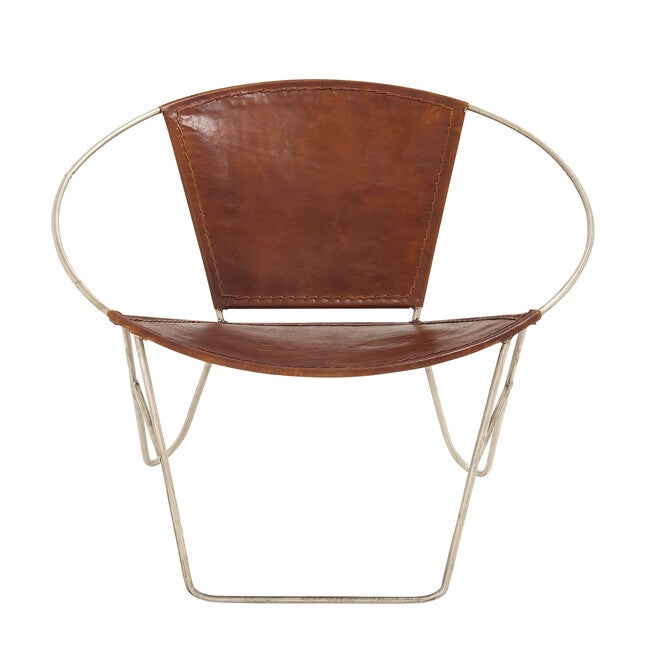 Brown Goat Leather And Iron Accent Chair Round Chair, BROWN, hi-res image number null