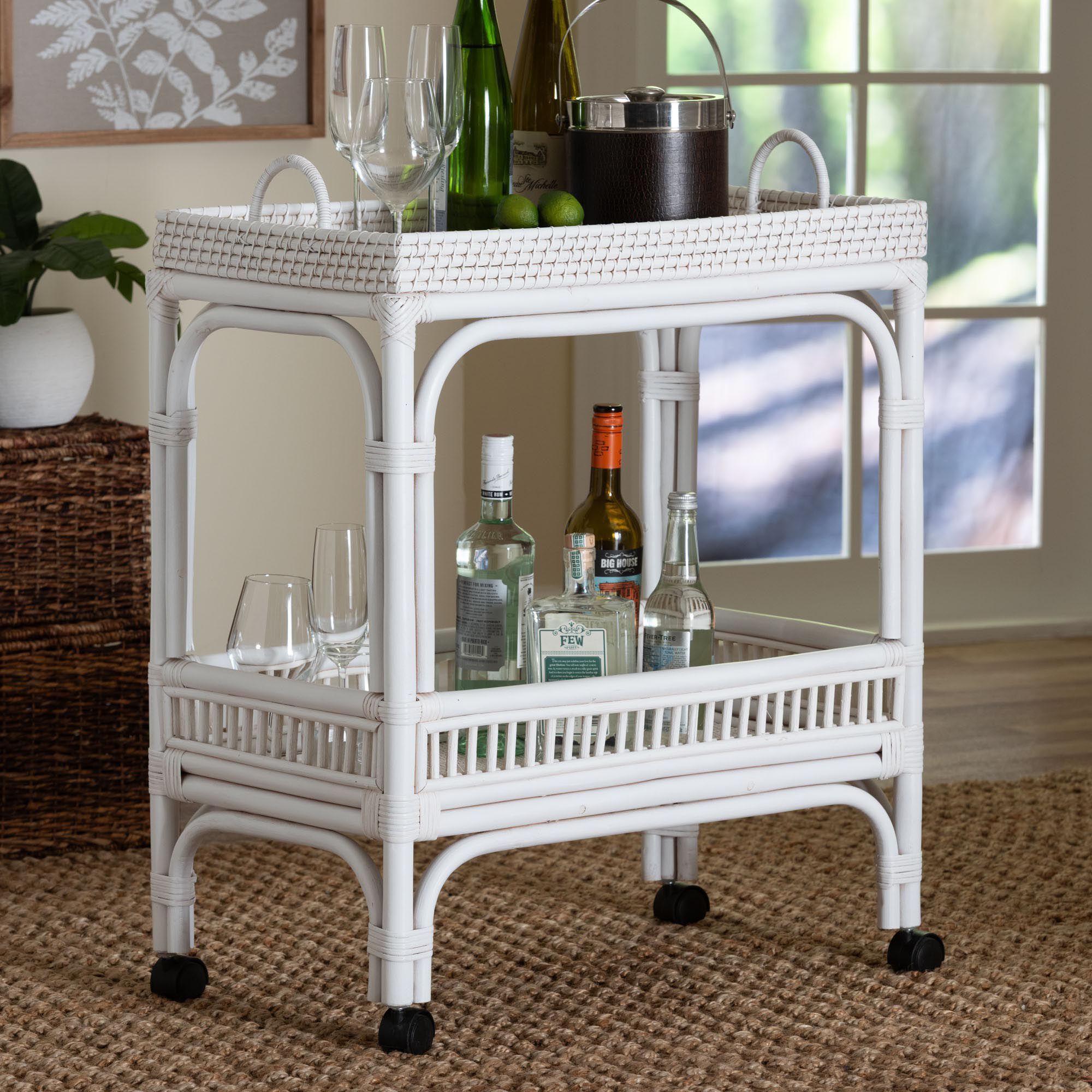 Lombok Natural Rattan Wine Cart, WHITE, hi-res image number 0