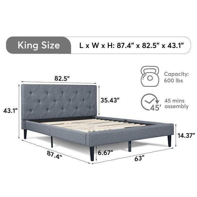 Monticello Platform Bed, Queen, Gray, GREY, alternate image number 7