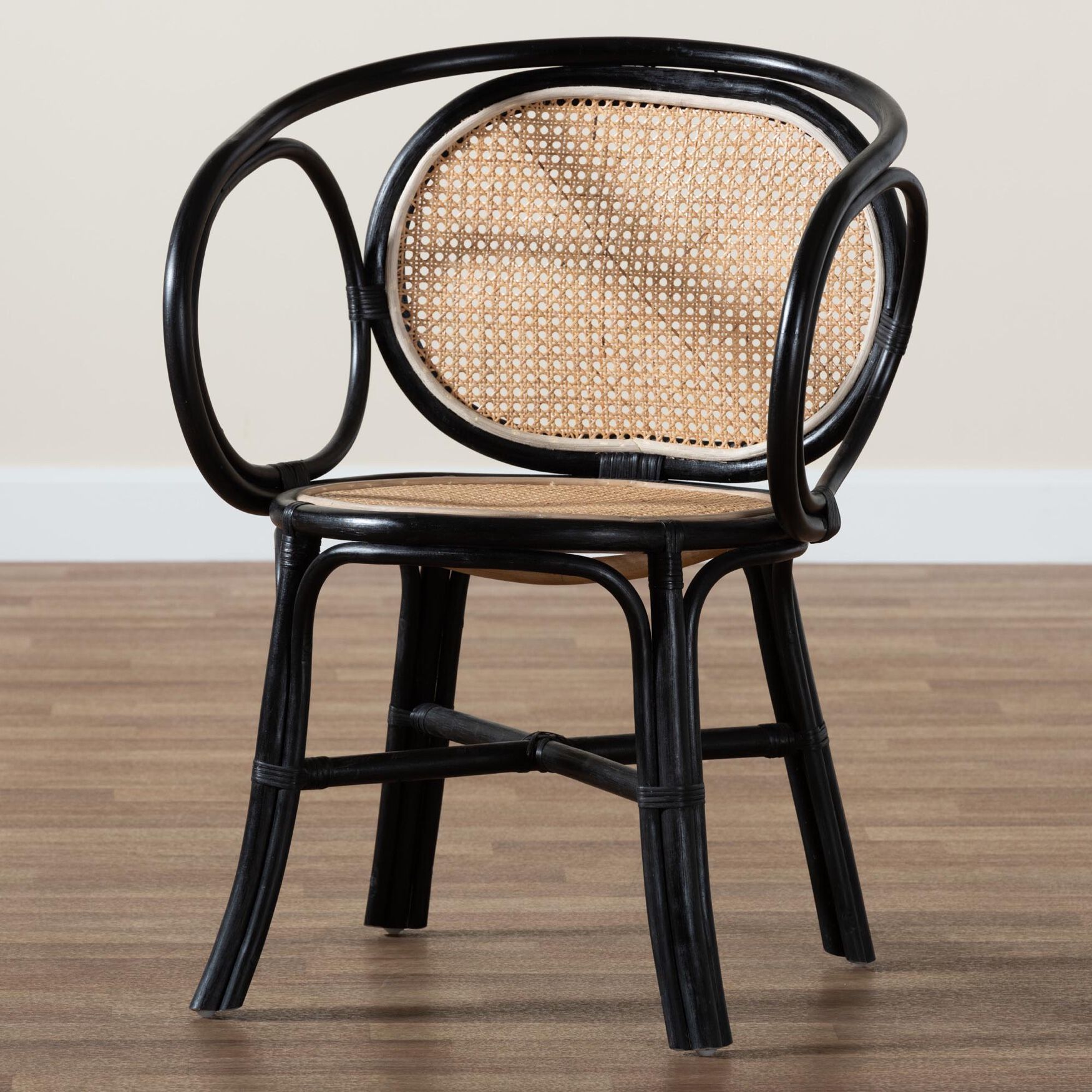 Palesa Modern Bohemian Two-Tone Black And Natural Brown Rattan Dining Chair, , alternate image number 17