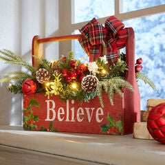 Pre-Lit "Believe" Wooden Basket