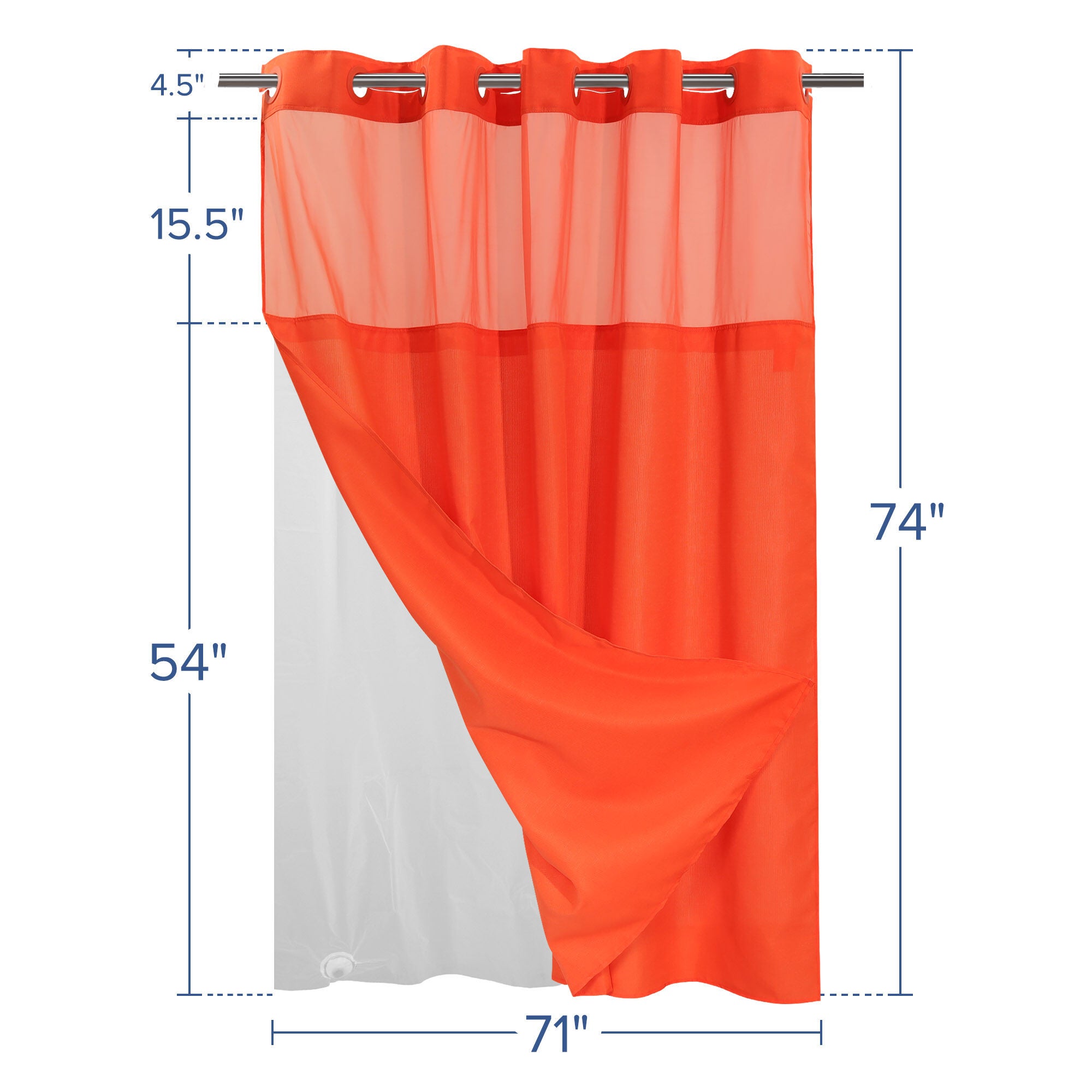 No Hook Slub Linen Texture Shower Curtain with Peva Snap-in Liner, ORANGE, alternate image number 6