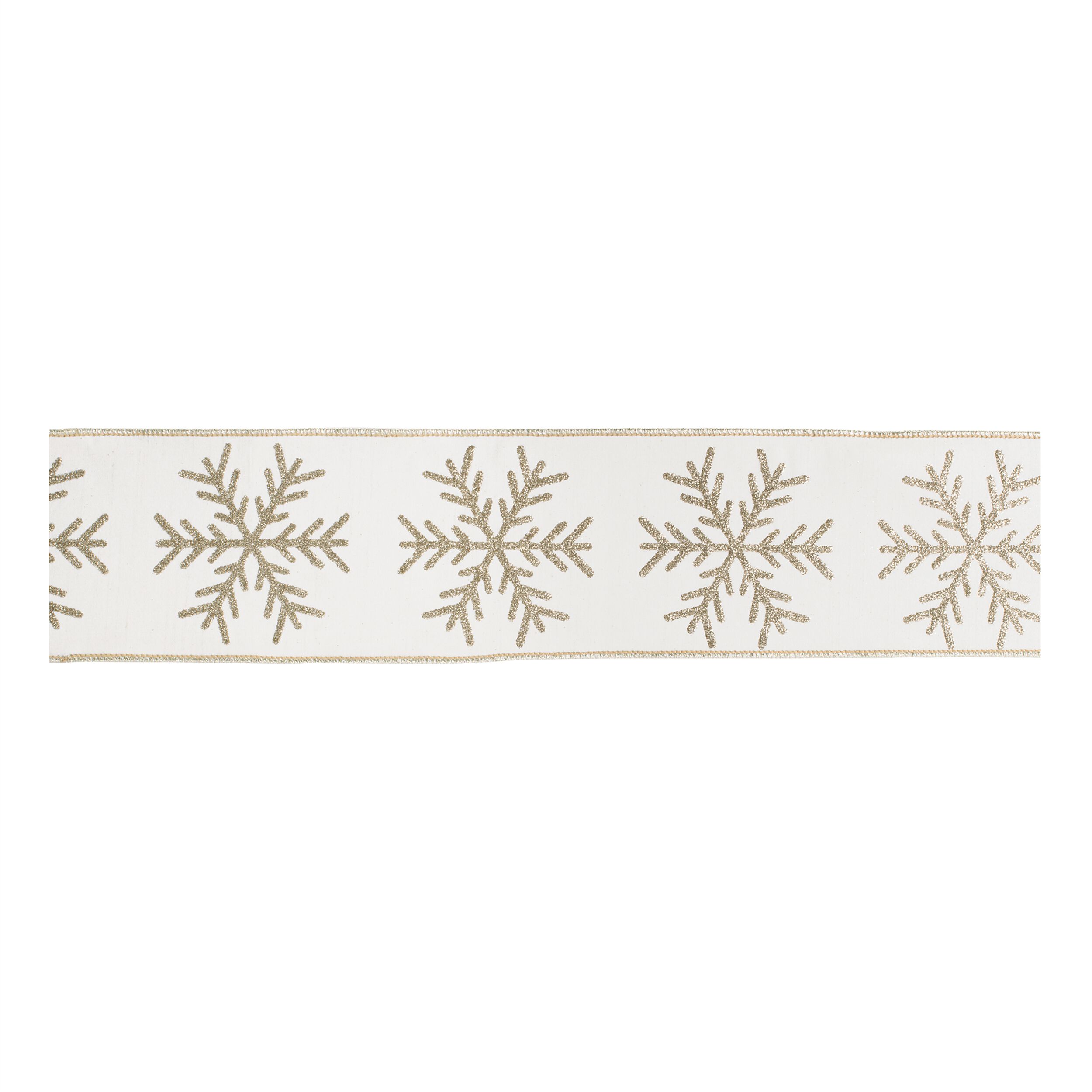 Snowflake Wired Ribbon 4 inches x 5 Yds., WHITE GOLD, hi-res image number 0