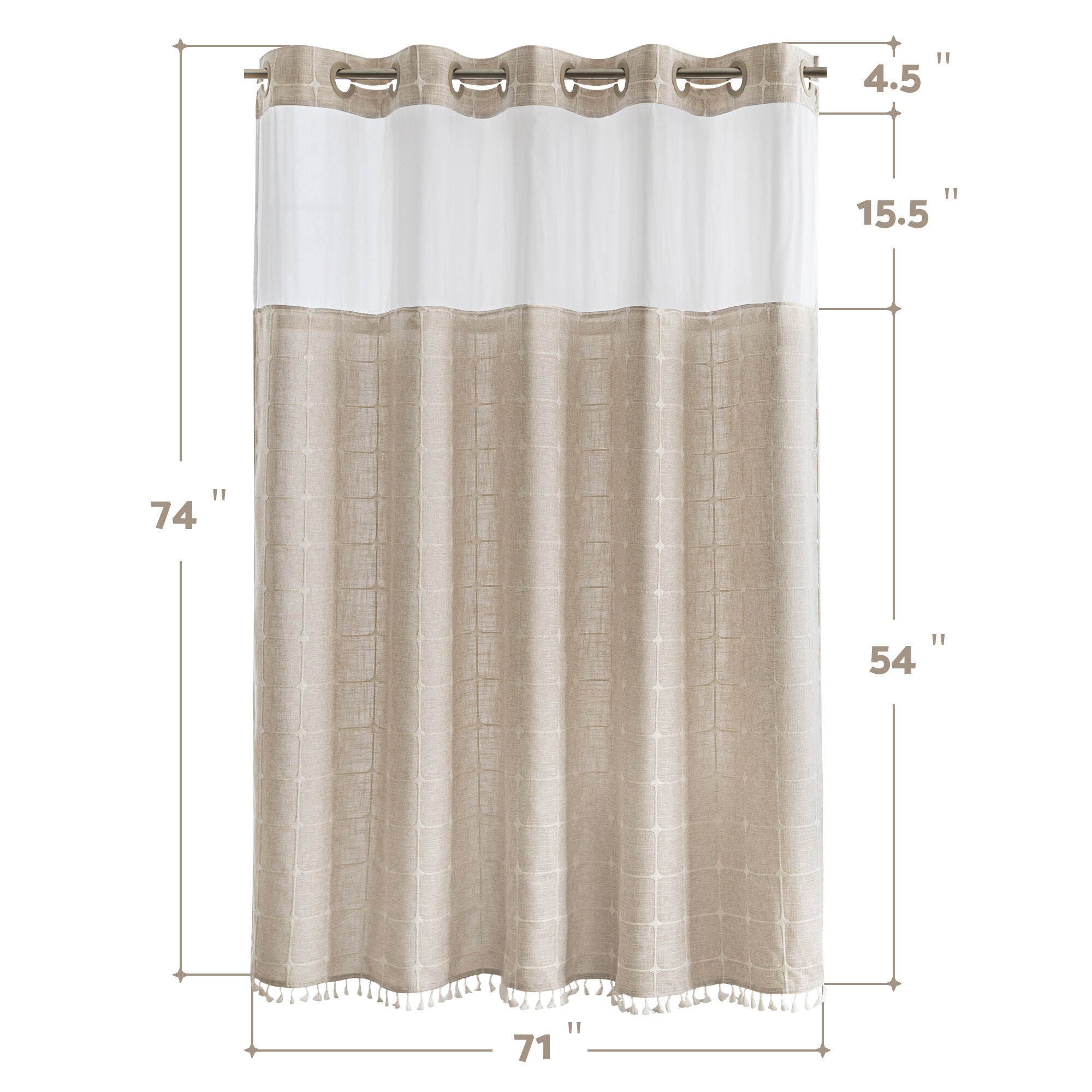 No Hook Geometric Tassels Shower Curtain with Snap-in Liner, CREAM, alternate image number 6