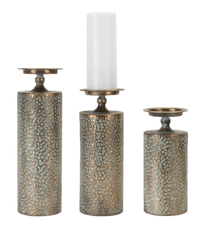 Hammered Bronze Metal Candle Holder (Set of 3), COPPER/GREEN, hi-res image number null