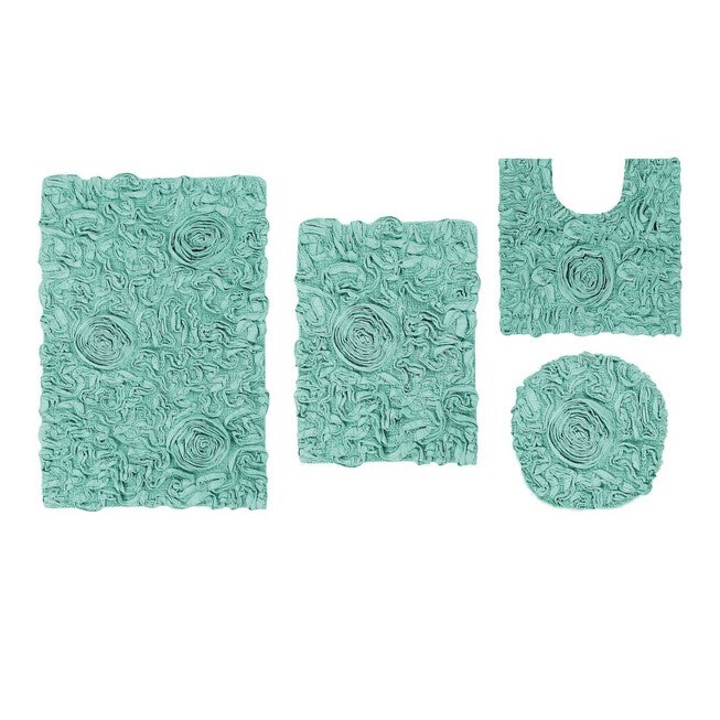 Bell Flower 4 Piece Set Bath Rug Collection, TURQUOISE, hi-res image number 0