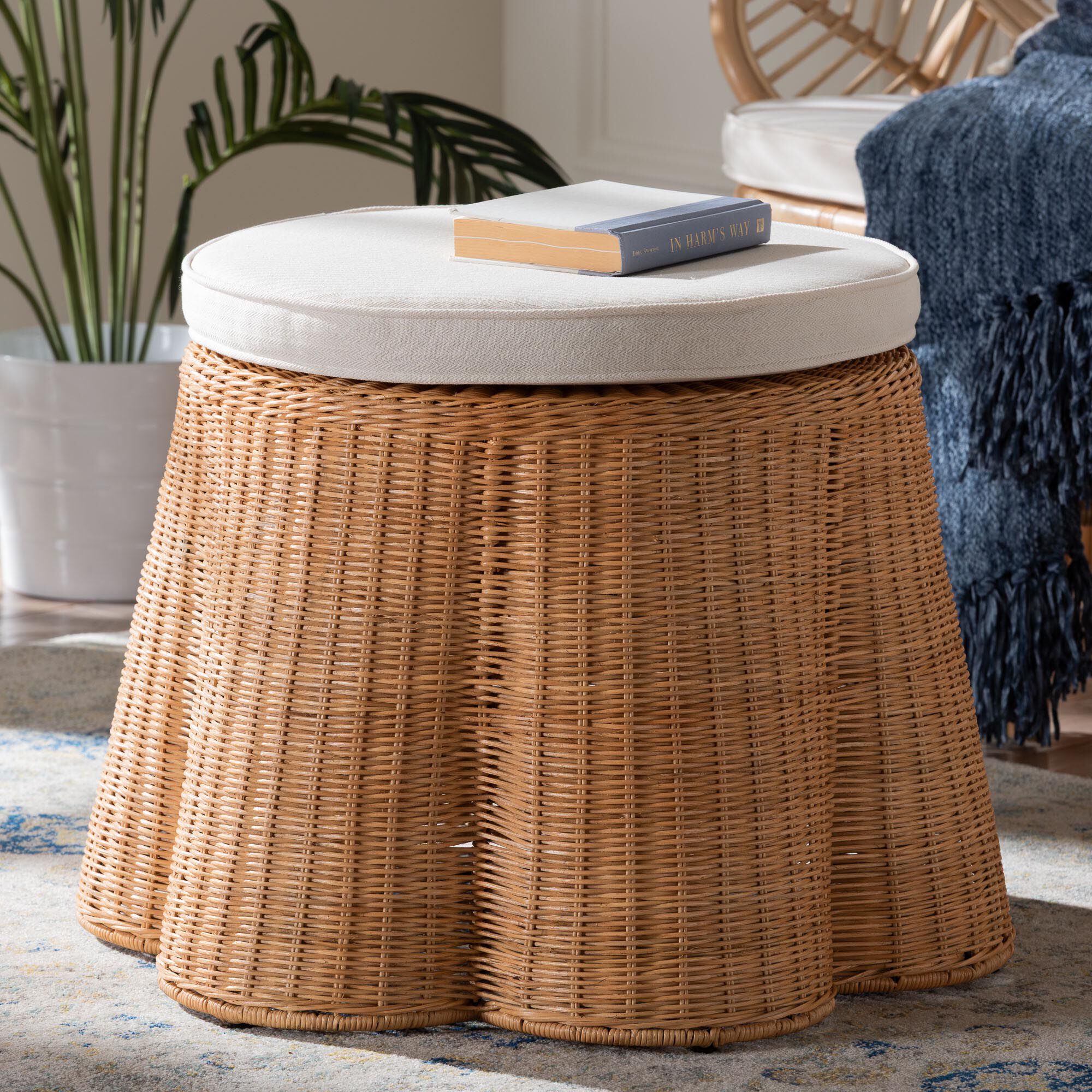 Palm Scallop Natural Rattan Ottoman, 26 inches Round, LIGHT HONEY, hi-res image number 0