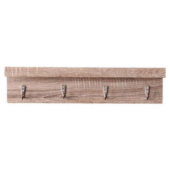 Modern Wood Wall-Mount Shelf with Hooks, GRAY OAK, hi-res image number null