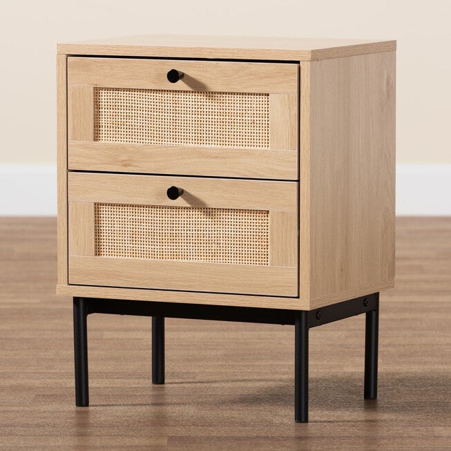 Sherwin Mid-Century Modern Light Brown And Black 2-Drawer End Table With Woven Rattan Accent, , alternate image number 8