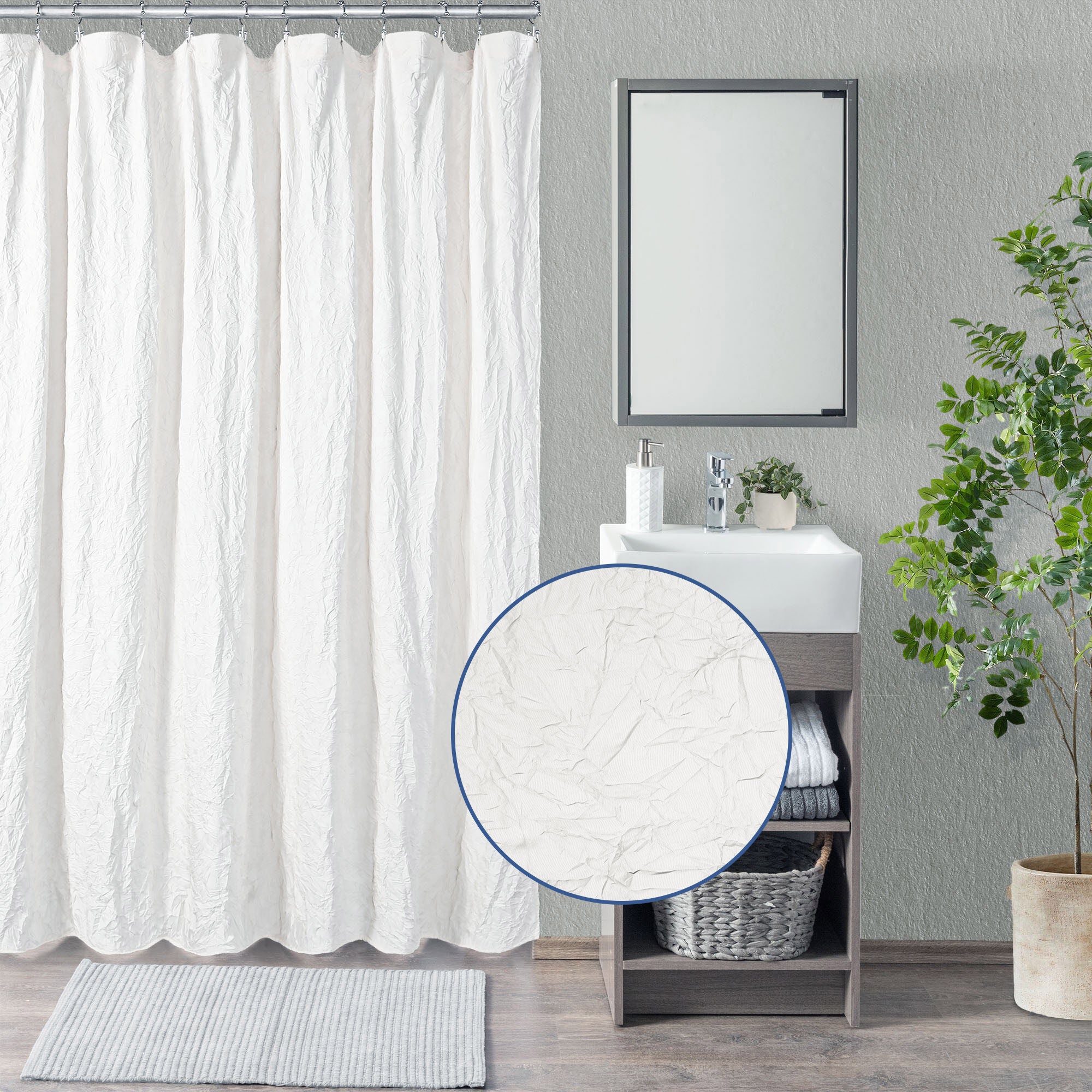 Crinkle Eco-friendly Water Repellent Solid Texture Shower Curtain, WHITE, hi-res image number 0