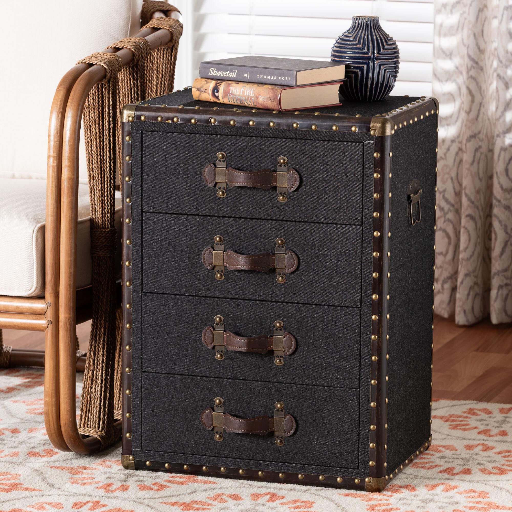 Jaelyn Vintage Black Canvas 4-Drawer End Table, BLACK, hi-res image number 0