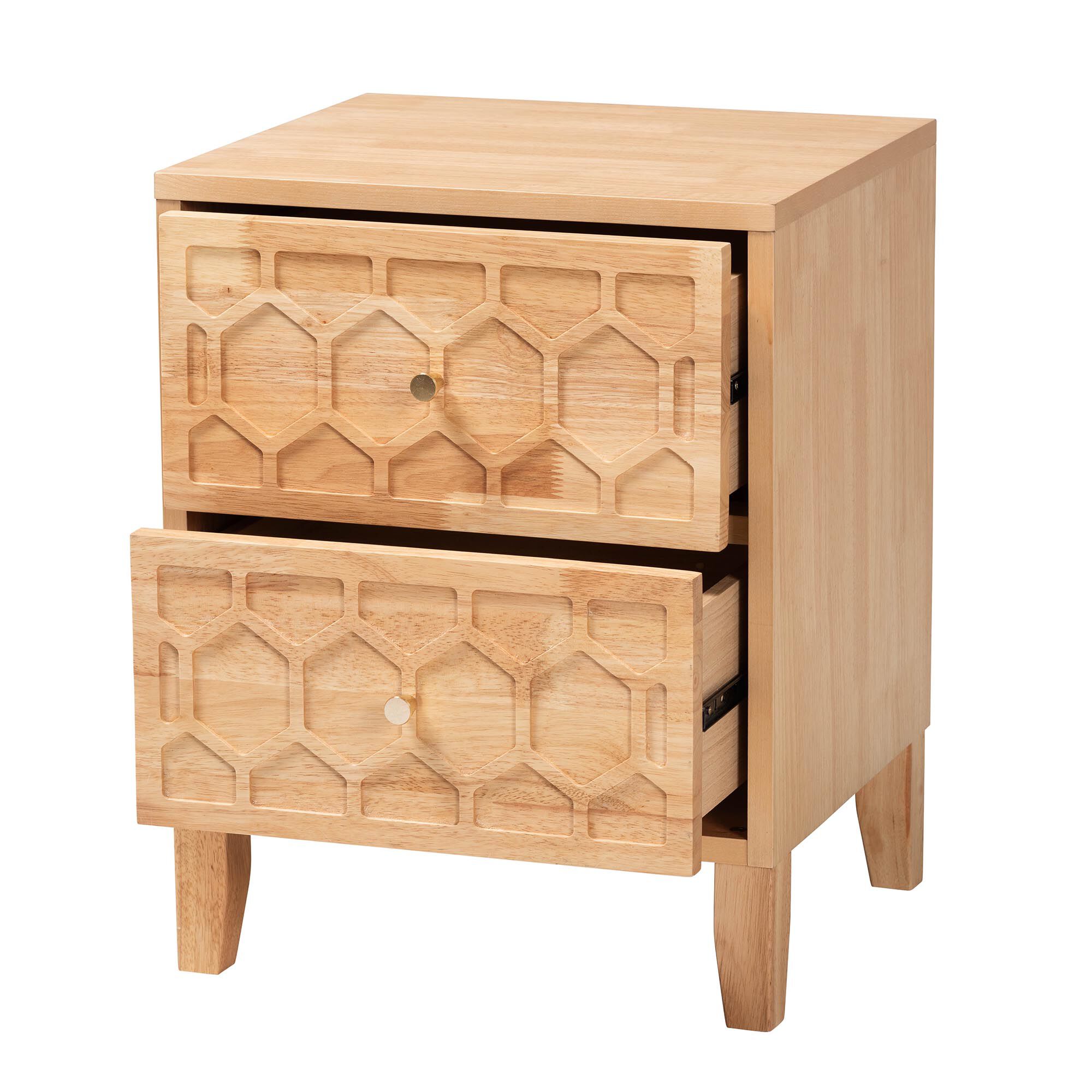 Hosea Japandi Carved Honeycomb Natural 2-Drawer Nightstand, NATURAL, alternate image number 2